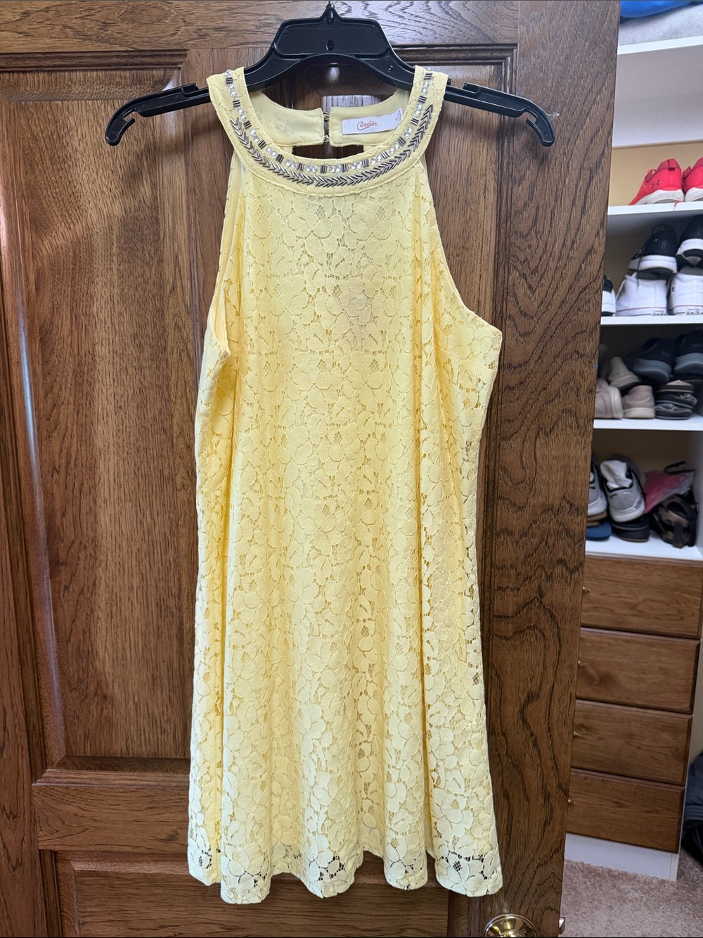 Candie's Yellow Lace Halter Dress with Beaded Neckline